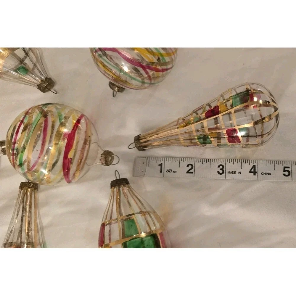 Lot Of‎ 7 Vintage Hand Painted Blown Glass With Gold Glitter Ornament